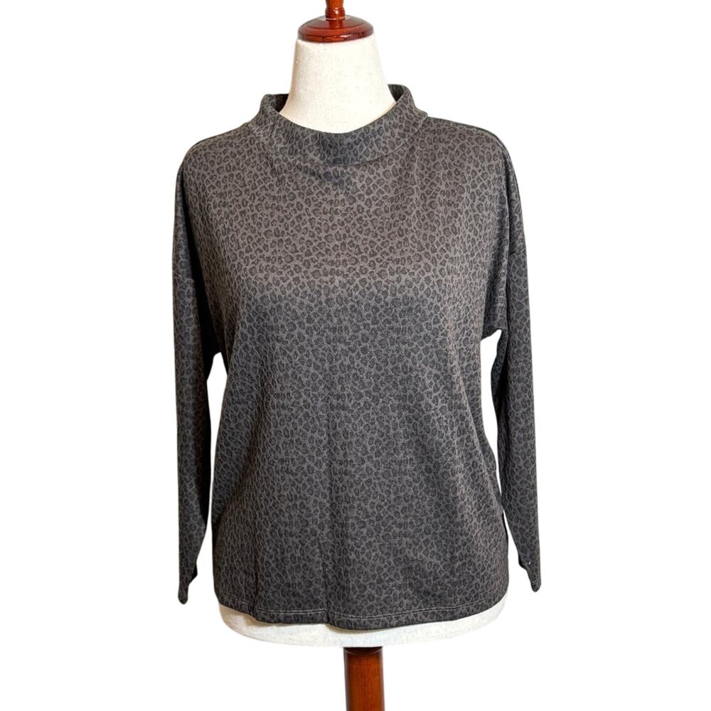 Ann Taylor Factory top brown animal print long sleeve mock neck pullover Sz L